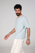 Short-Sleeve Linen Shirt - Light Blue Grey