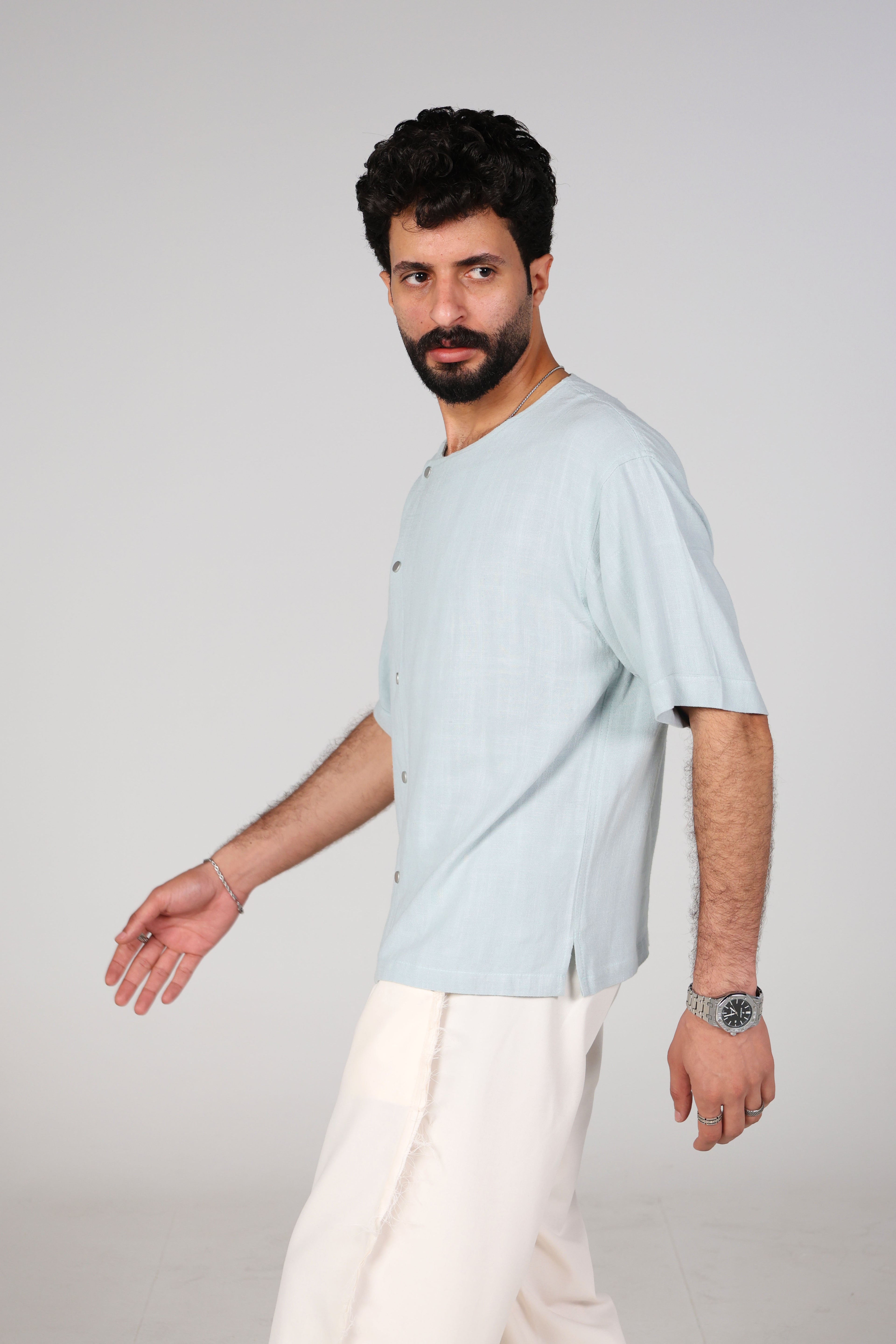 Light blue gray linen shirt with short sleeves