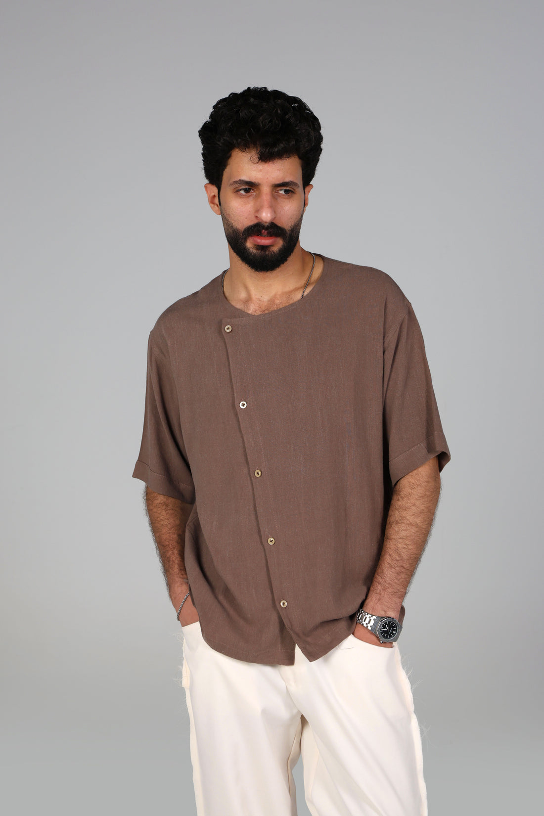 Short-Sleeve Linen Shirt - Brown