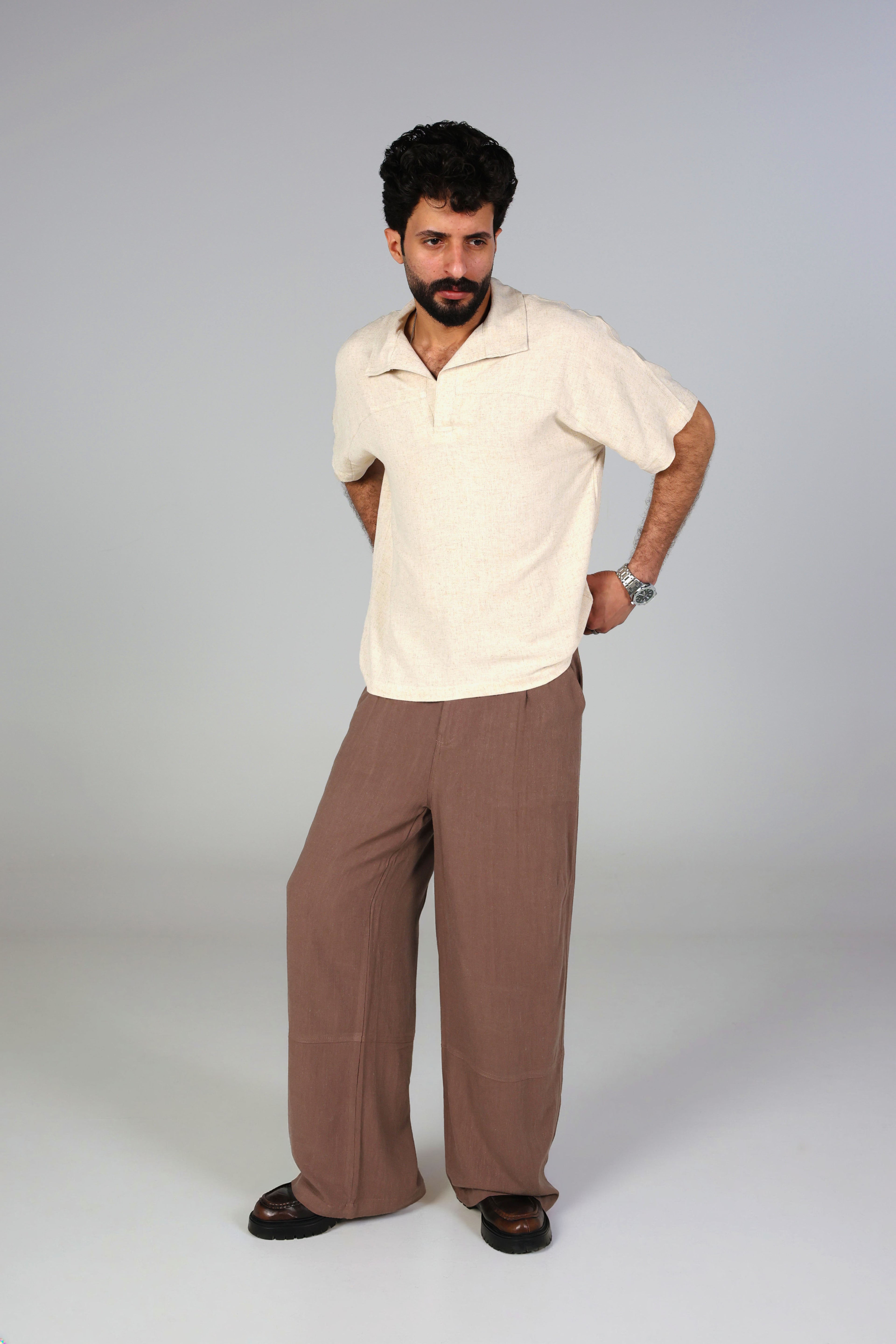 Brown wide-leg linen trousers