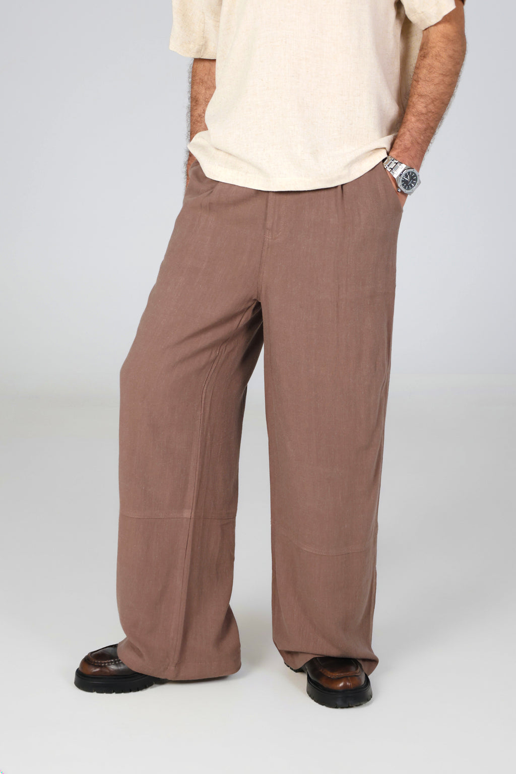 Brown wide-leg linen trousers