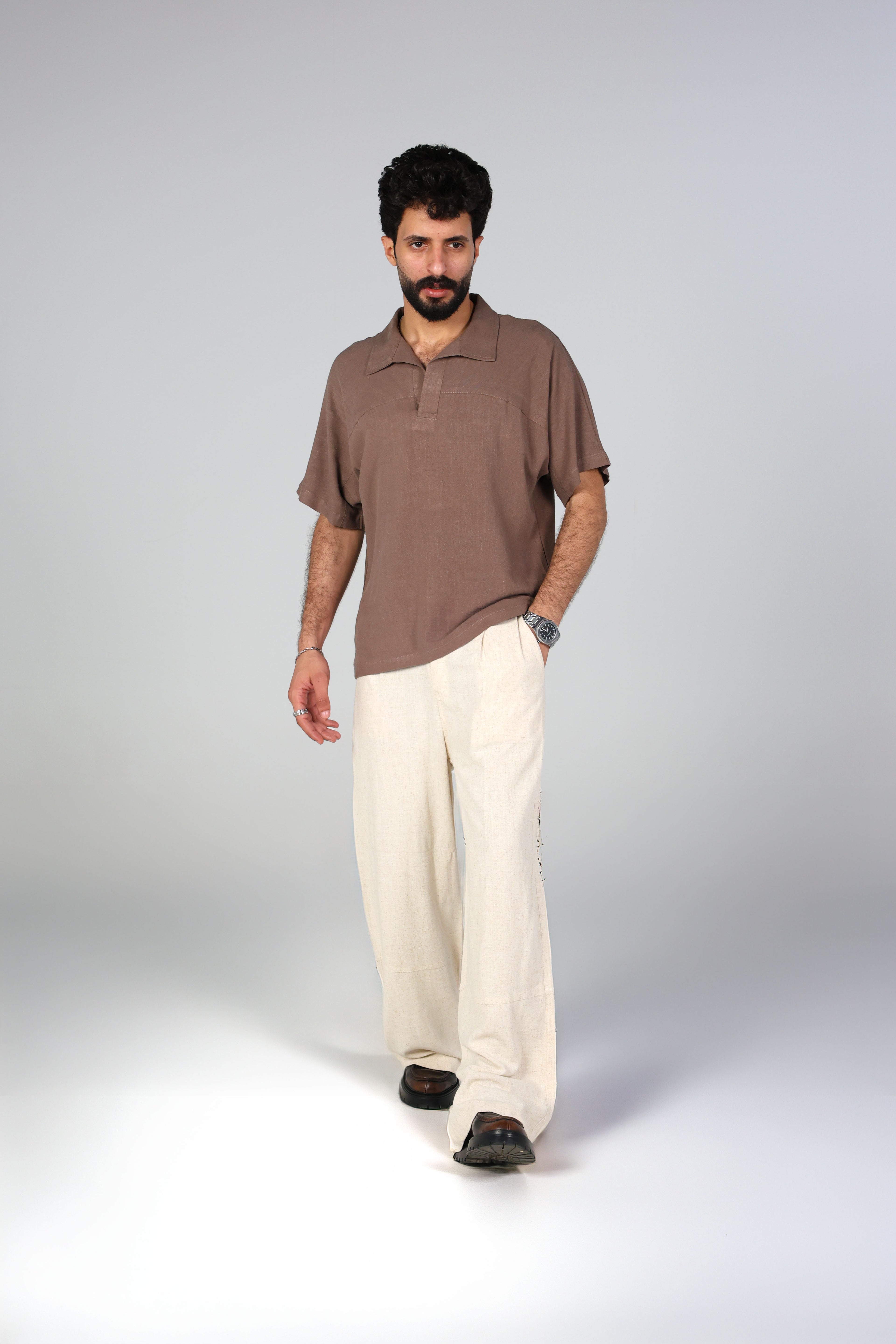 Beige wide-leg linen trousers