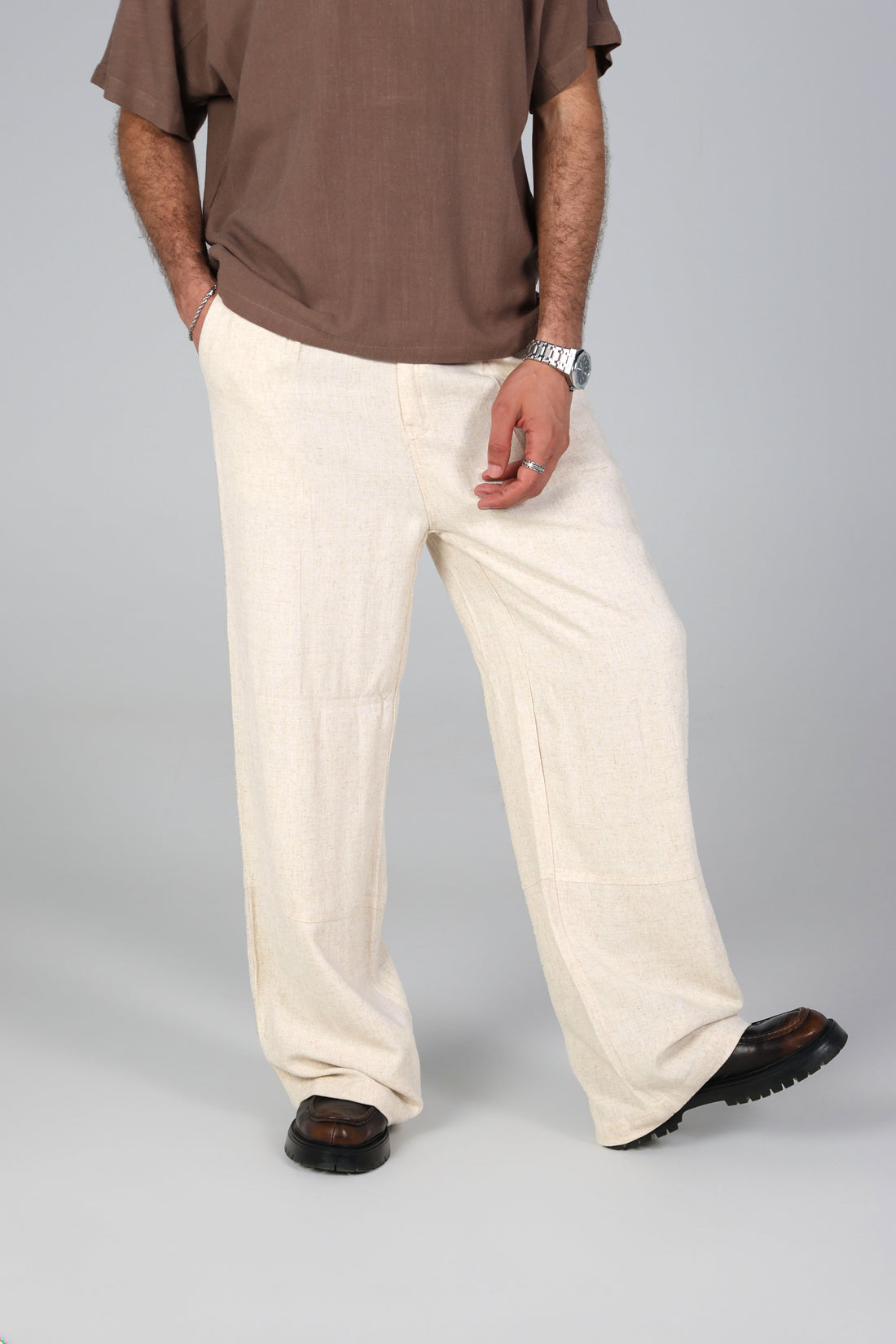 Wide-Leg Linen Trousers - Beige