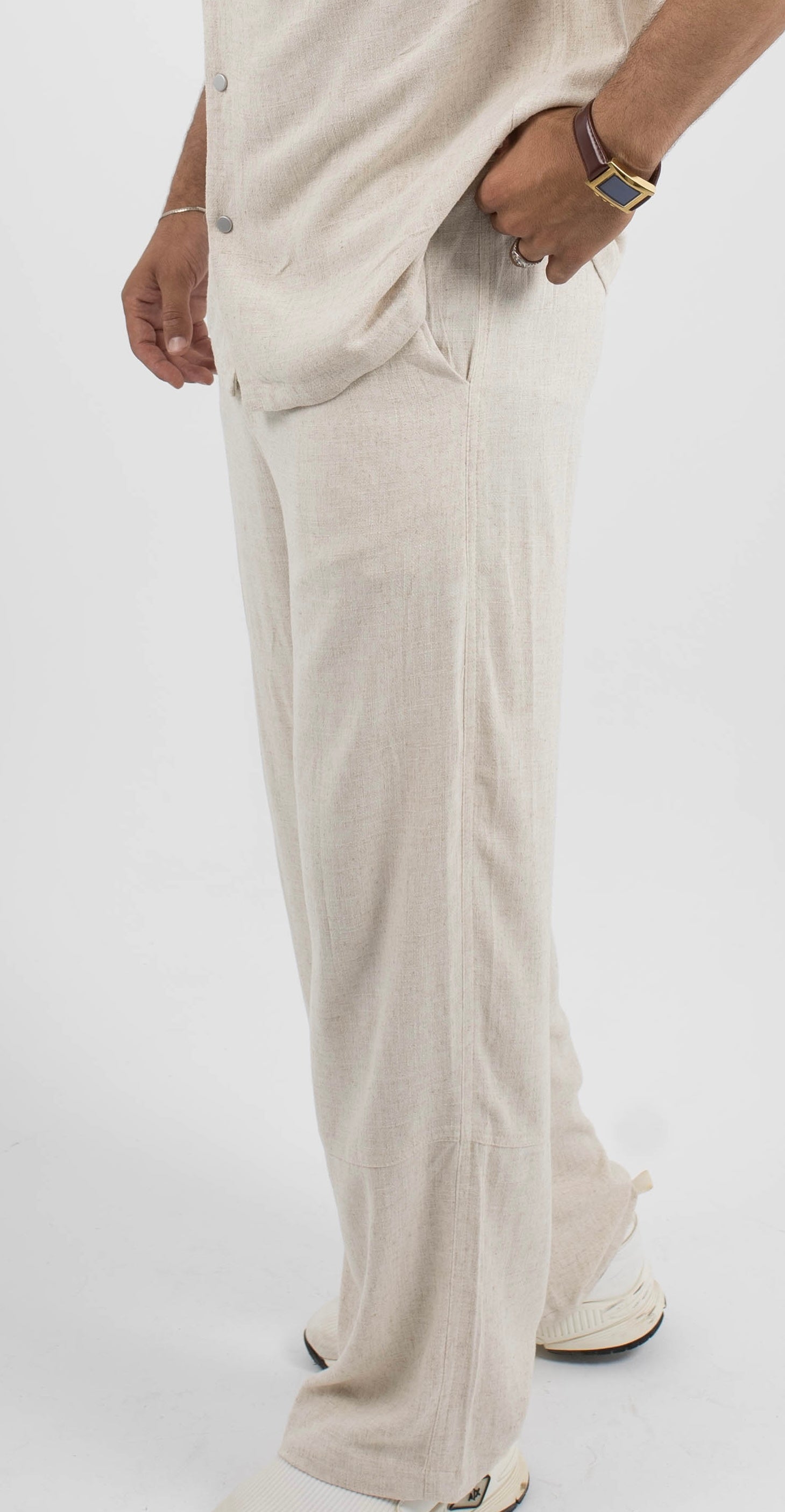 Beige wide-leg linen trousers