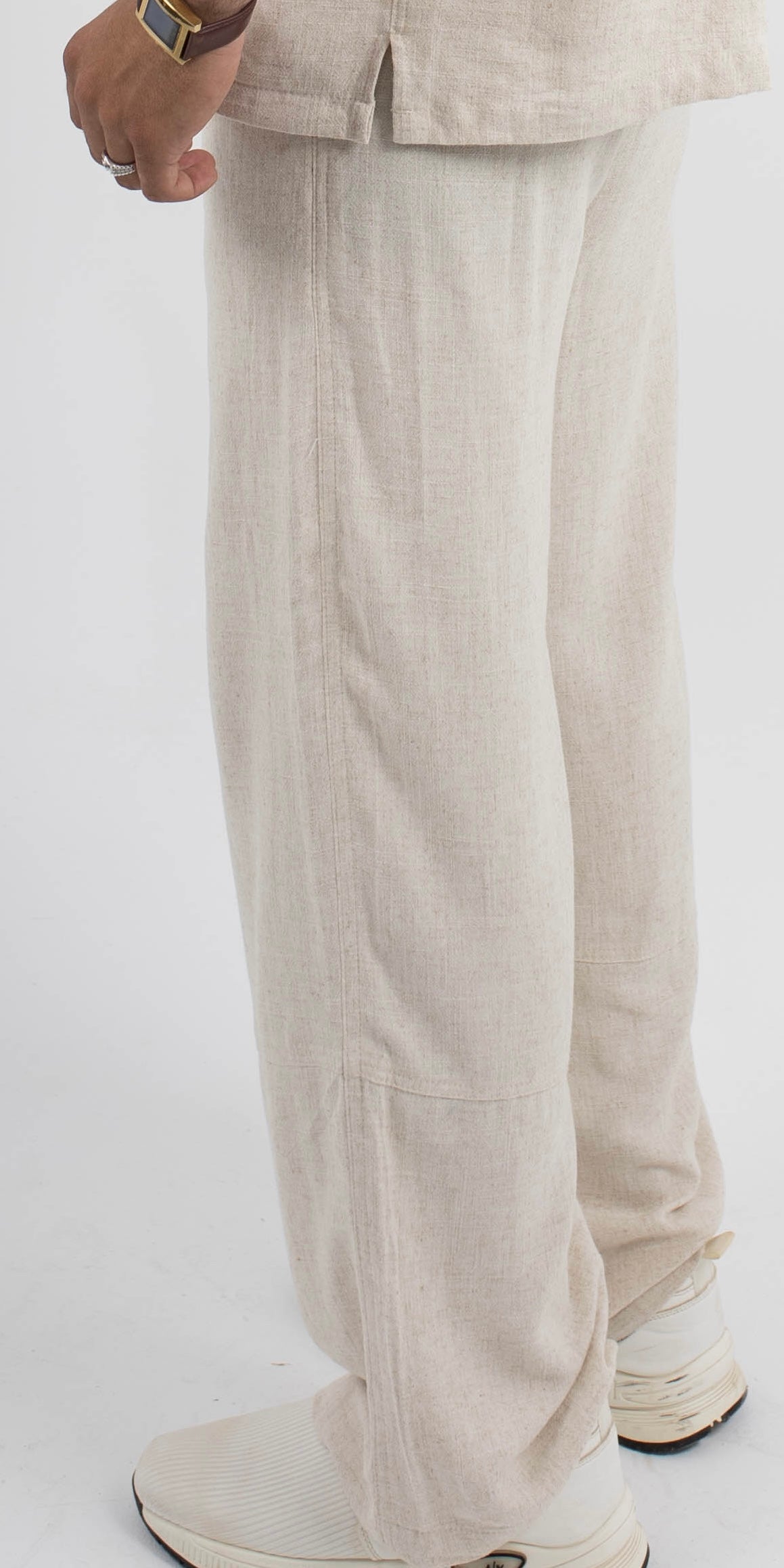 Beige wide-leg linen trousers