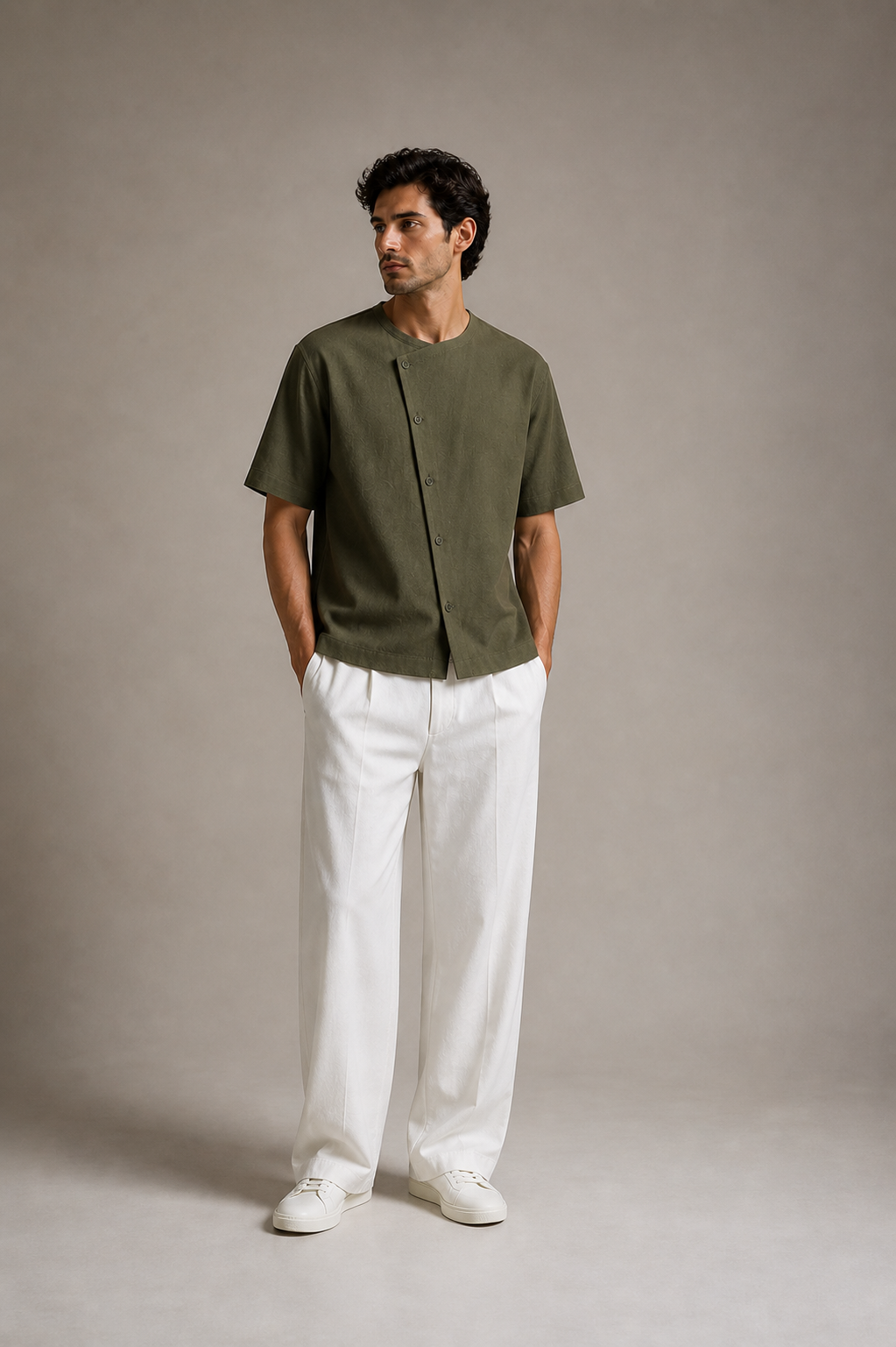 Olive linen shirt with short sleeves