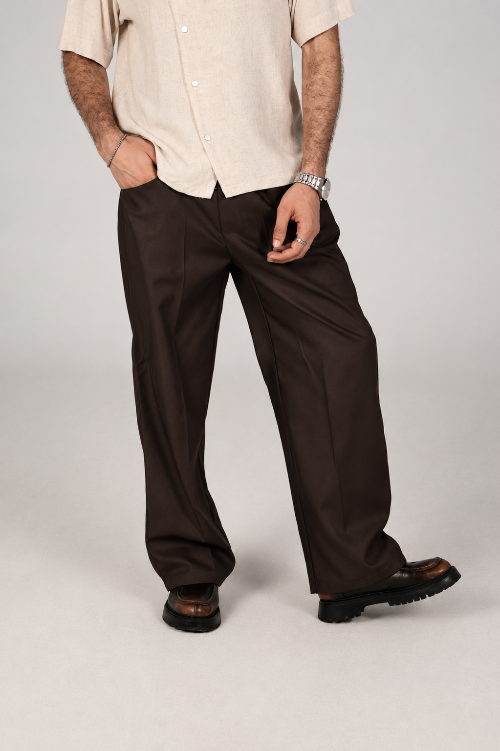 Tailored Wide-Leg Trousers - Brown