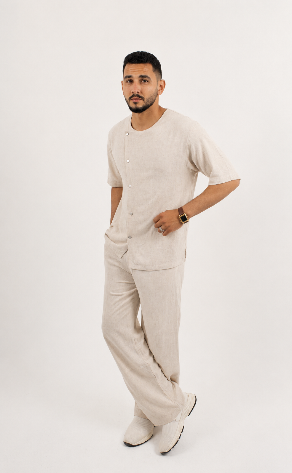 Beige linen shirt with short sleeves
