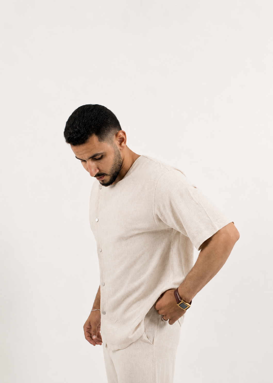 Beige linen shirt with short sleeves