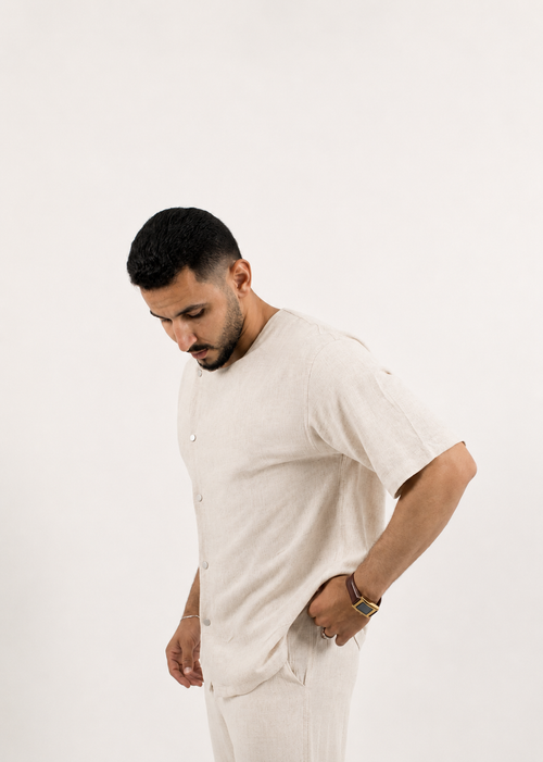 Beige linen shirt with short sleeves