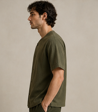 Olive linen shirt with short sleeves